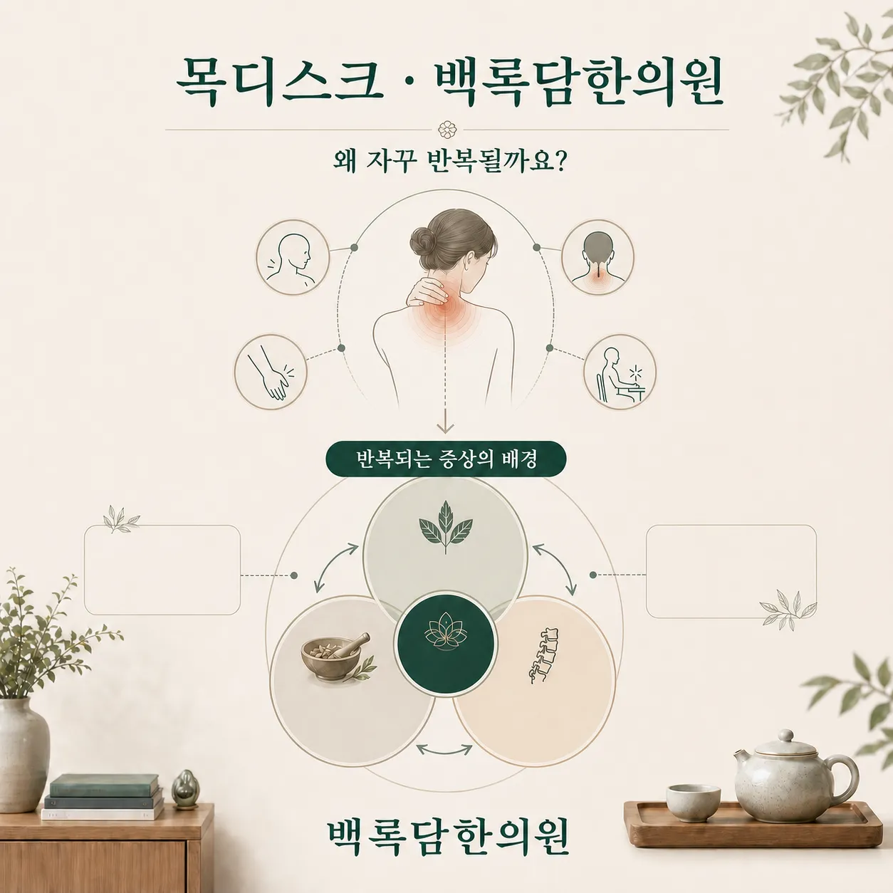 왜 목보다 팔이 먼저 저릴까요? — 겉 증상과 몸속 조건(체질/불균형)을 연결하는 한의학적 개념도 — 관계도/다이어그램 톤