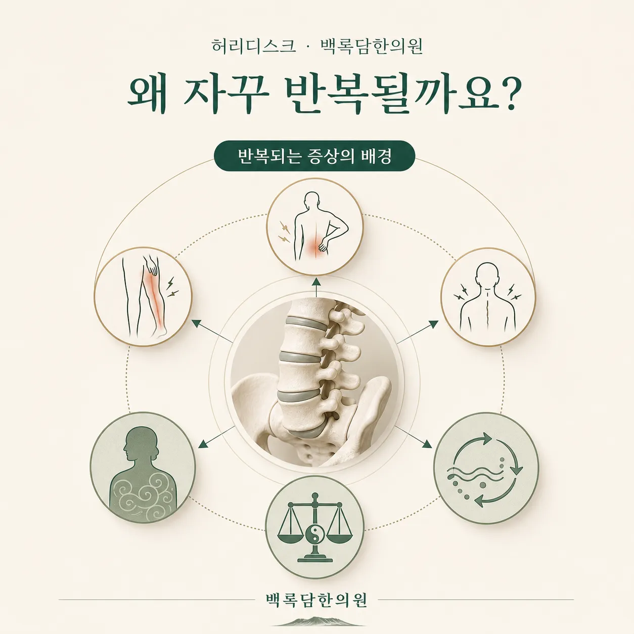 왜 허리보다 다리가 더 아플까요? — 겉 증상과 몸속 조건(체질/불균형)을 연결하는 한의학적 개념도 — 관계도/다이어그램 톤