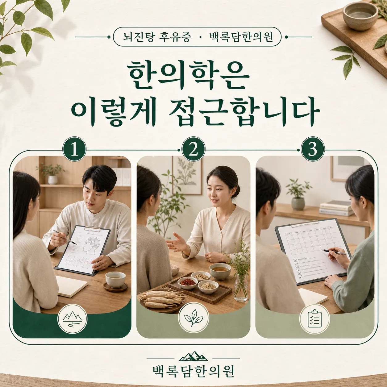 치료 목표 재구성 — 한의학적 접근 단계(진단과 변증 → 몸 조건 개선 → 재발 관리)를 3단계 프로세스 다이어그램으로 표현
