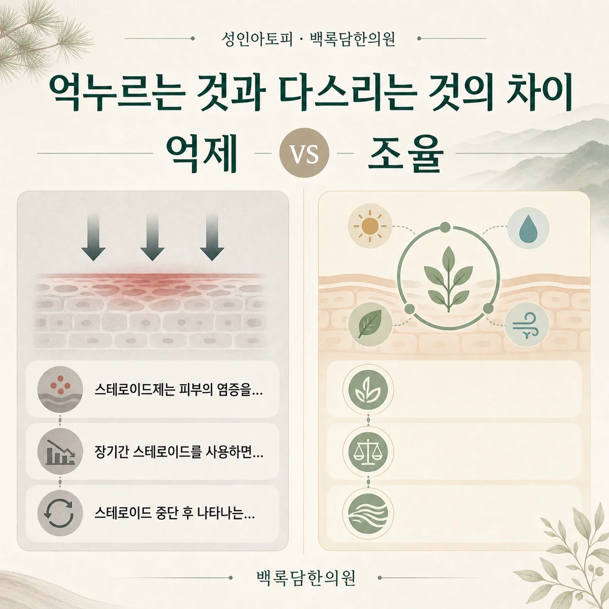 성인아토피 — 스테로이드(단기 억제)와 한의학적 접근(조건 개선)을 좌우로 대비시키는 비교 다이어그램