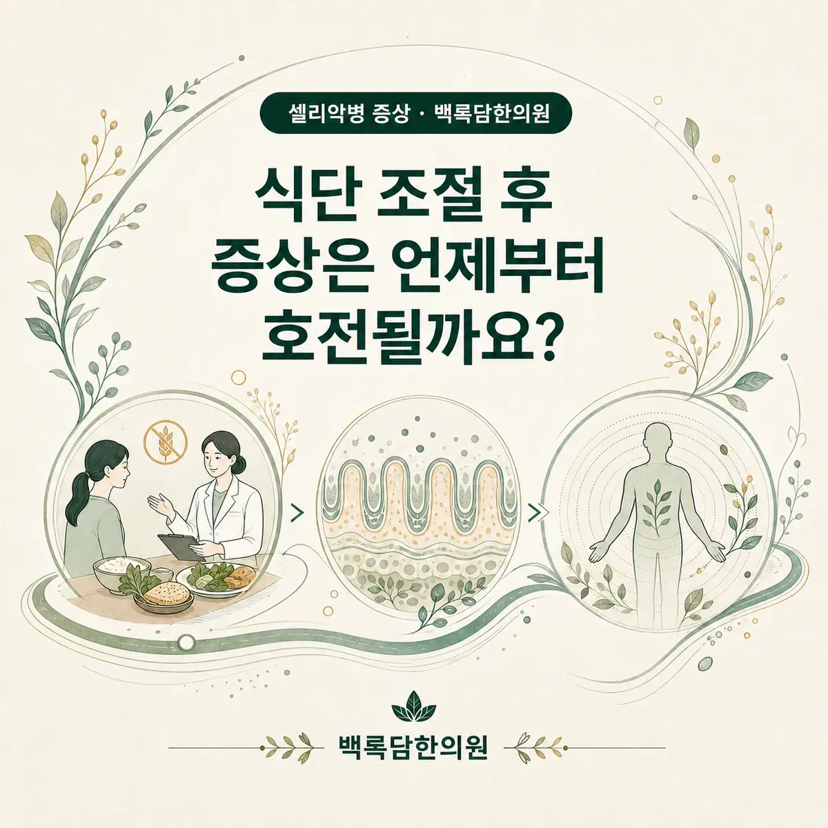 식단 조절 후 증상은 언제부터 호전될까요? — 섹션 주제를 상징하는 에디토리얼 일러스트 카드