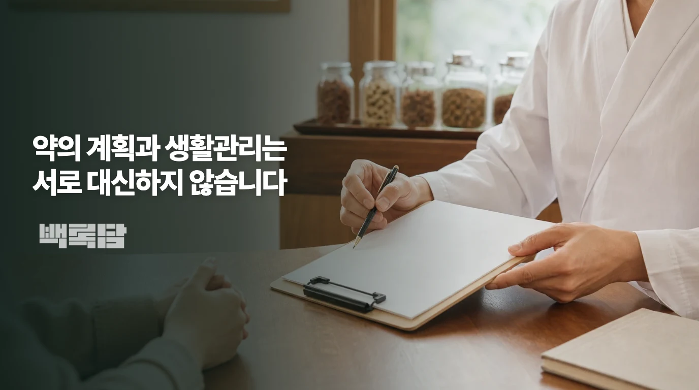 현재 복용약과 관리 계획을 의논하는 일반 상담 장면