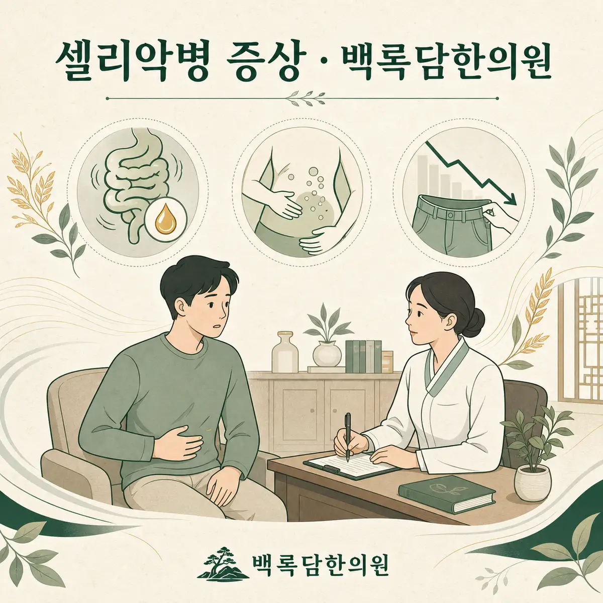 밀가루만 먹으면 배가 아픈 게 정말 셀리악병일까요? — 섹션 주제를 상징하는 에디토리얼 일러스트 카드