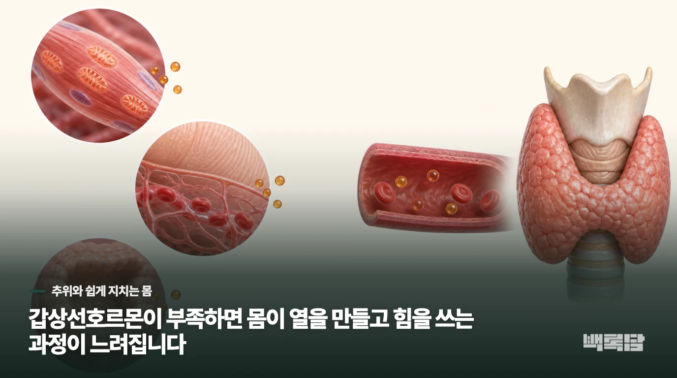 갑상선호르몬이 부족하면 몸이 열을 만들고 힘을 쓰는 과정이 느려집니다