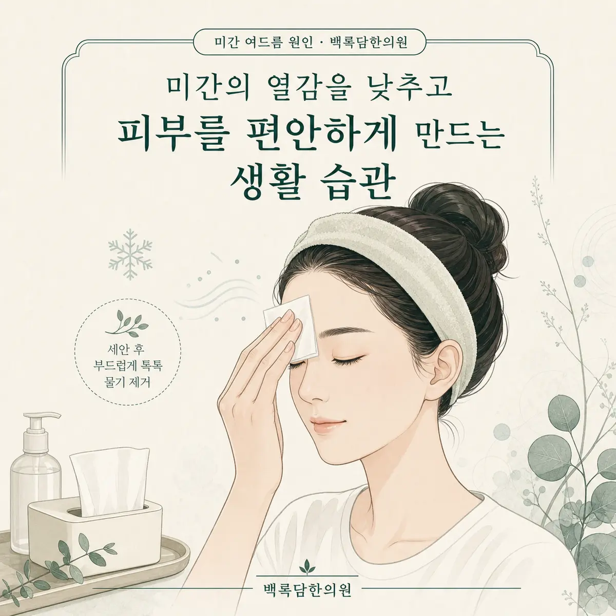 미간의 열감을 낮추고 피부를 편안하게 만드는 생활 습관 — 섹션 주제를 상징하는 에디토리얼 일러스트 카드