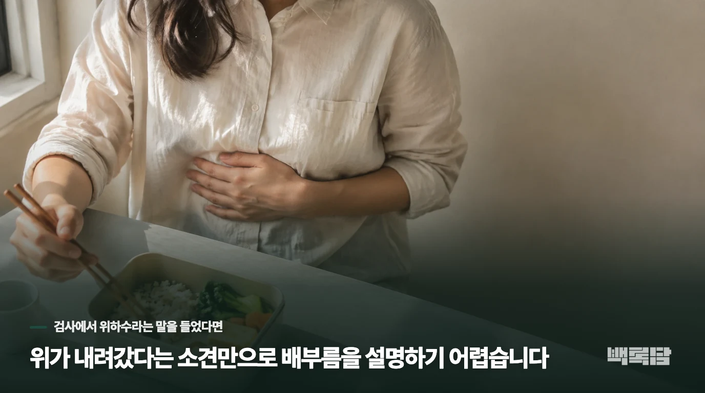 위가 내려갔다는 소견만으로 배부름을 설명하기 어렵습니다