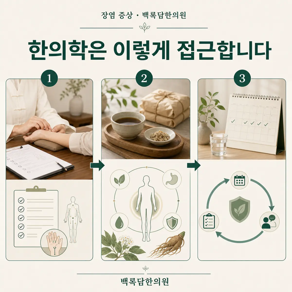 치료 목표를 다시 세웁니다 — 한의학적 접근 단계(진단과 변증 → 몸 조건 개선 → 재발 관리)를 3단계 프로세스 다이어그램으로 표현