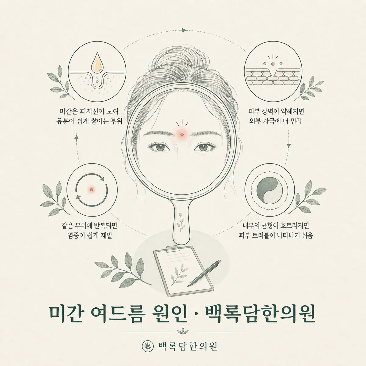 거울 속 미간에 툭 튀어나온 여드름, 왜 하필 여기일까요? — 섹션 주제를 상징하는 에디토리얼 일러스트 카드