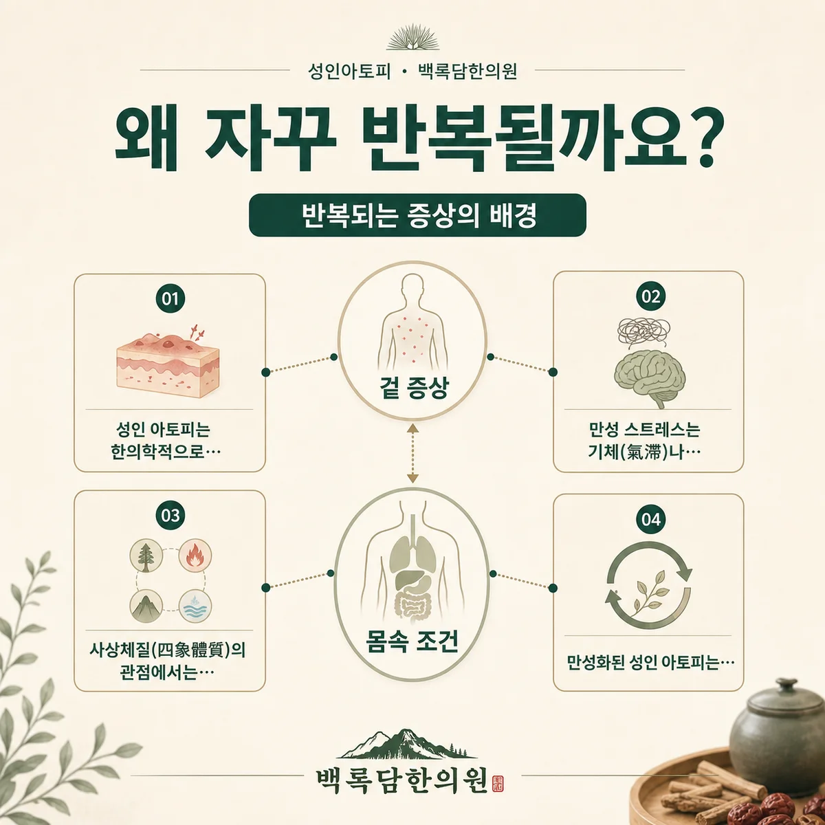 성인아토피 — 겉 증상과 몸속 조건(체질/불균형)을 연결하는 한의학적 개념도 — 관계도/다이어그램 톤