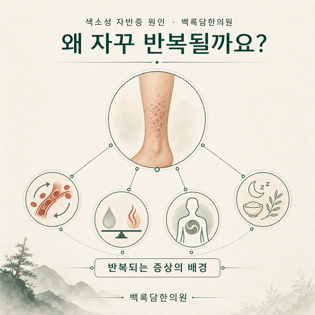 왜 반복되는 걸까요 — 겉 증상과 몸속 조건(체질/불균형)을 연결하는 한의학적 개념도 — 관계도/다이어그램 톤