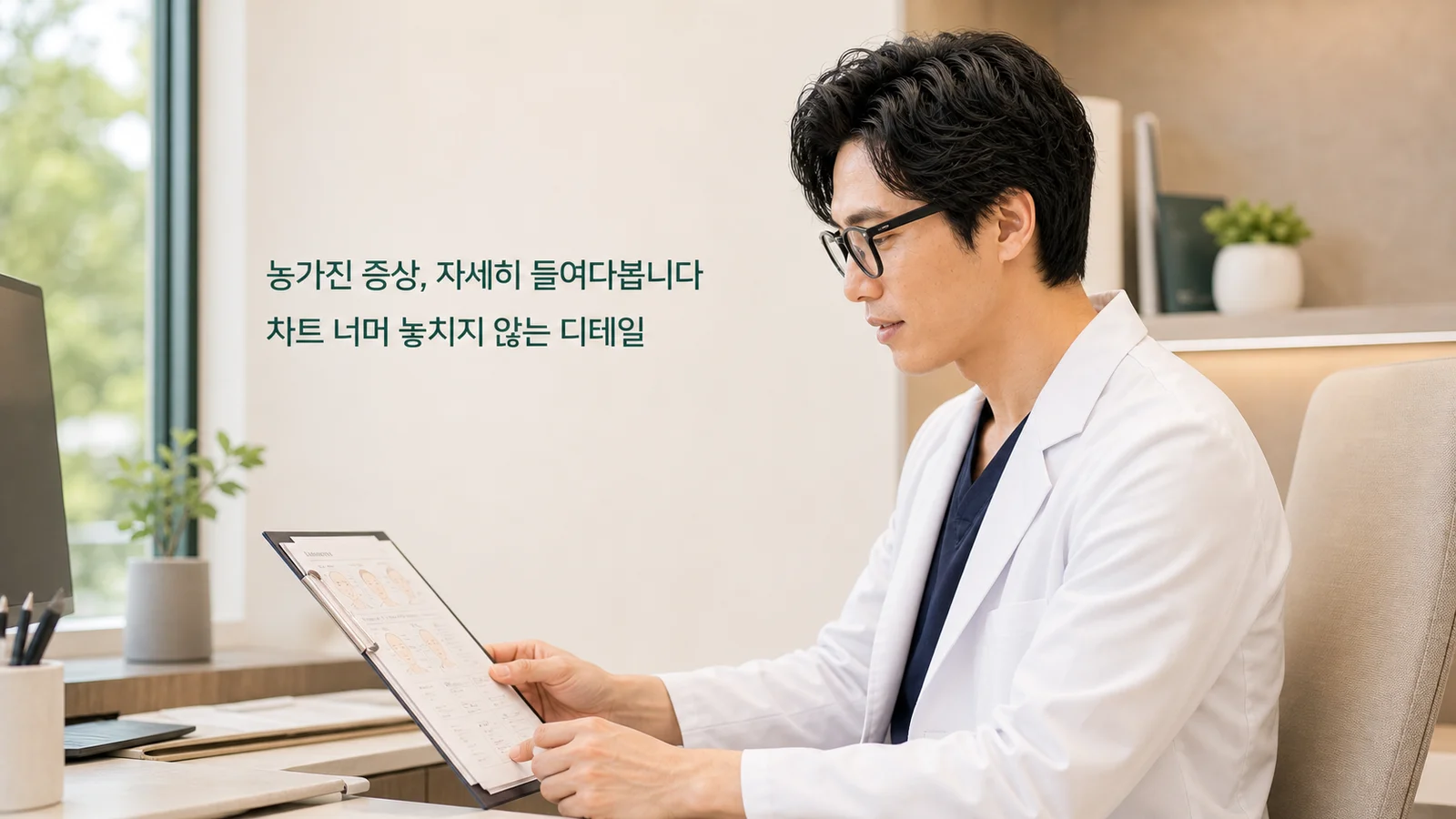 반복되는 피부 염증, 내 몸의 면역 지도를 읽어야 할 때입니다 — 원장이 진료실에서 환자와 상담하는 장면