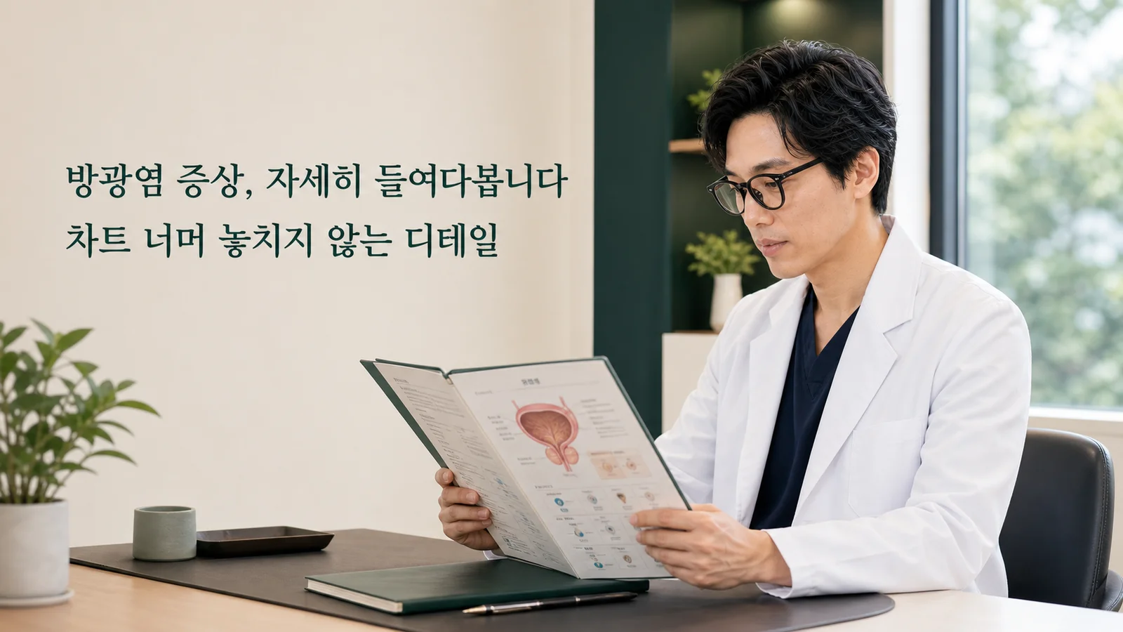 반복되는 방광염의 굴레, 이제는 내 몸의 뿌리를 살펴야 할 때입니다 — 원장이 진료실에서 환자와 상담하는 장면