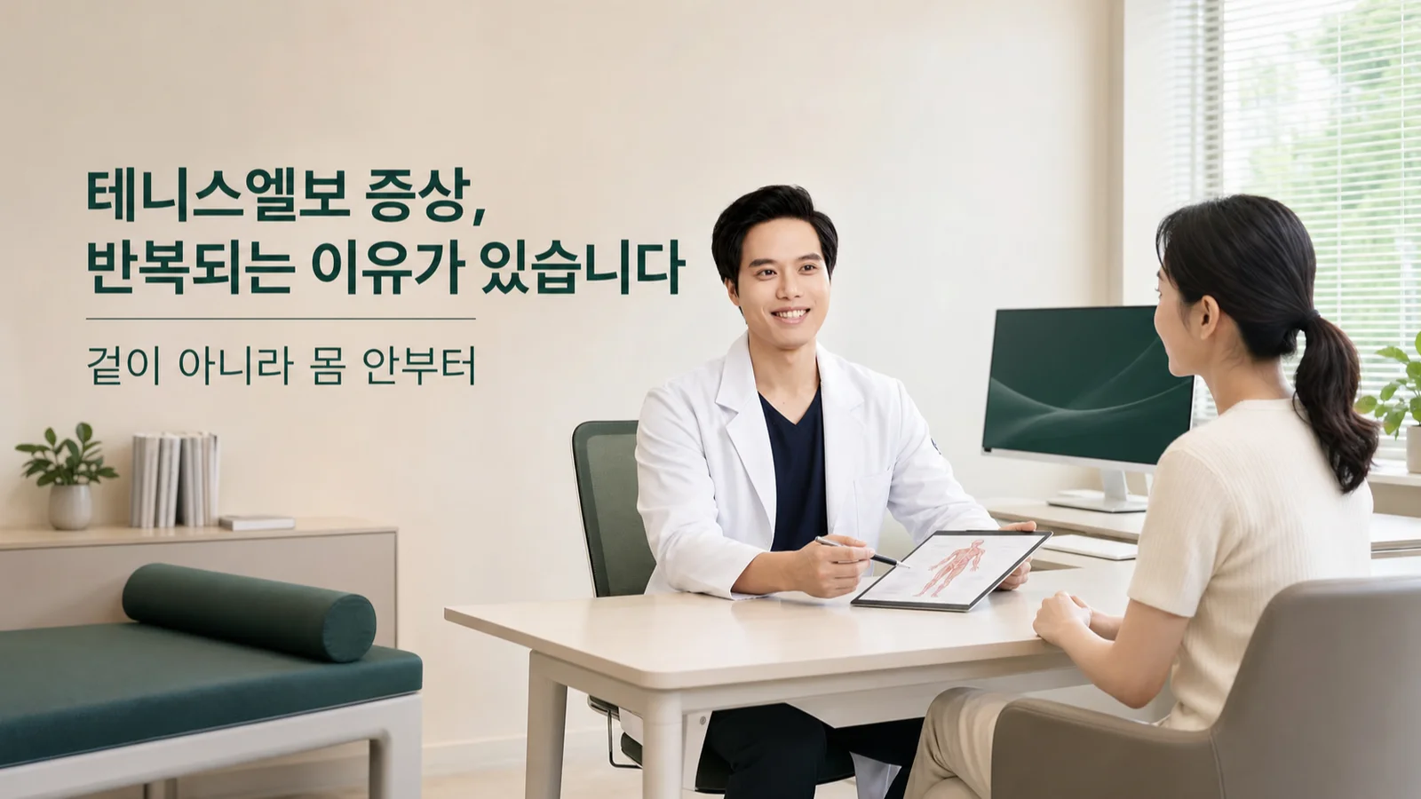 내 팔꿈치의 신호를 무시하고 계신 것은 아닌가요? — 원장이 진료실에서 환자와 상담하는 장면