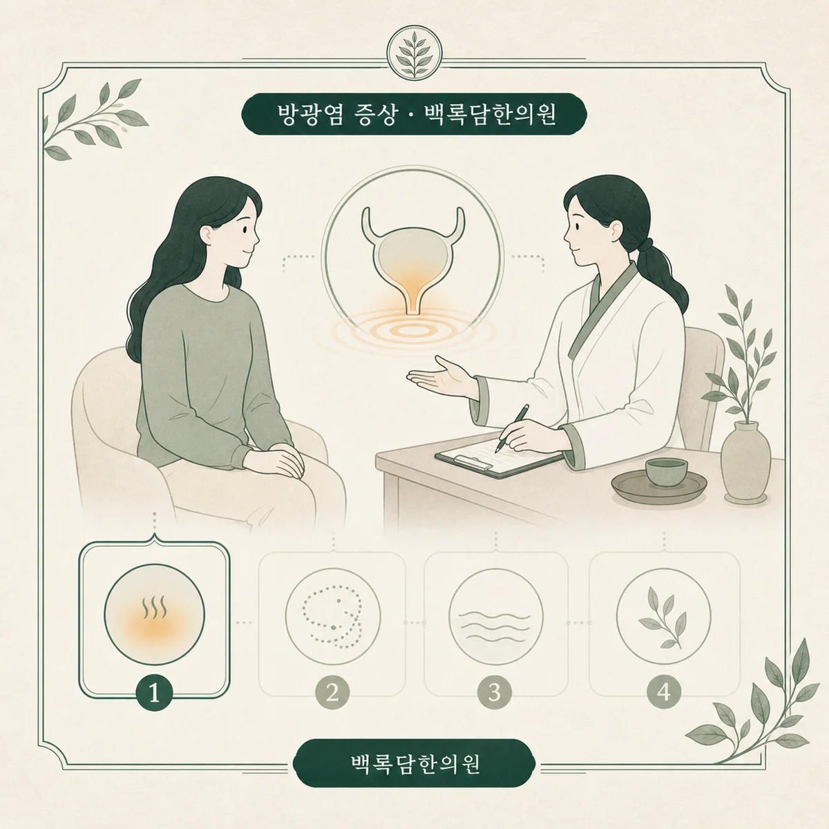 저희가 보는 방광염, 단순한 '균의 침입'보다 '방어력의 저하'가 핵심입니다 — 섹션 주제를 상징하는 에디토리얼 일러스트 카드