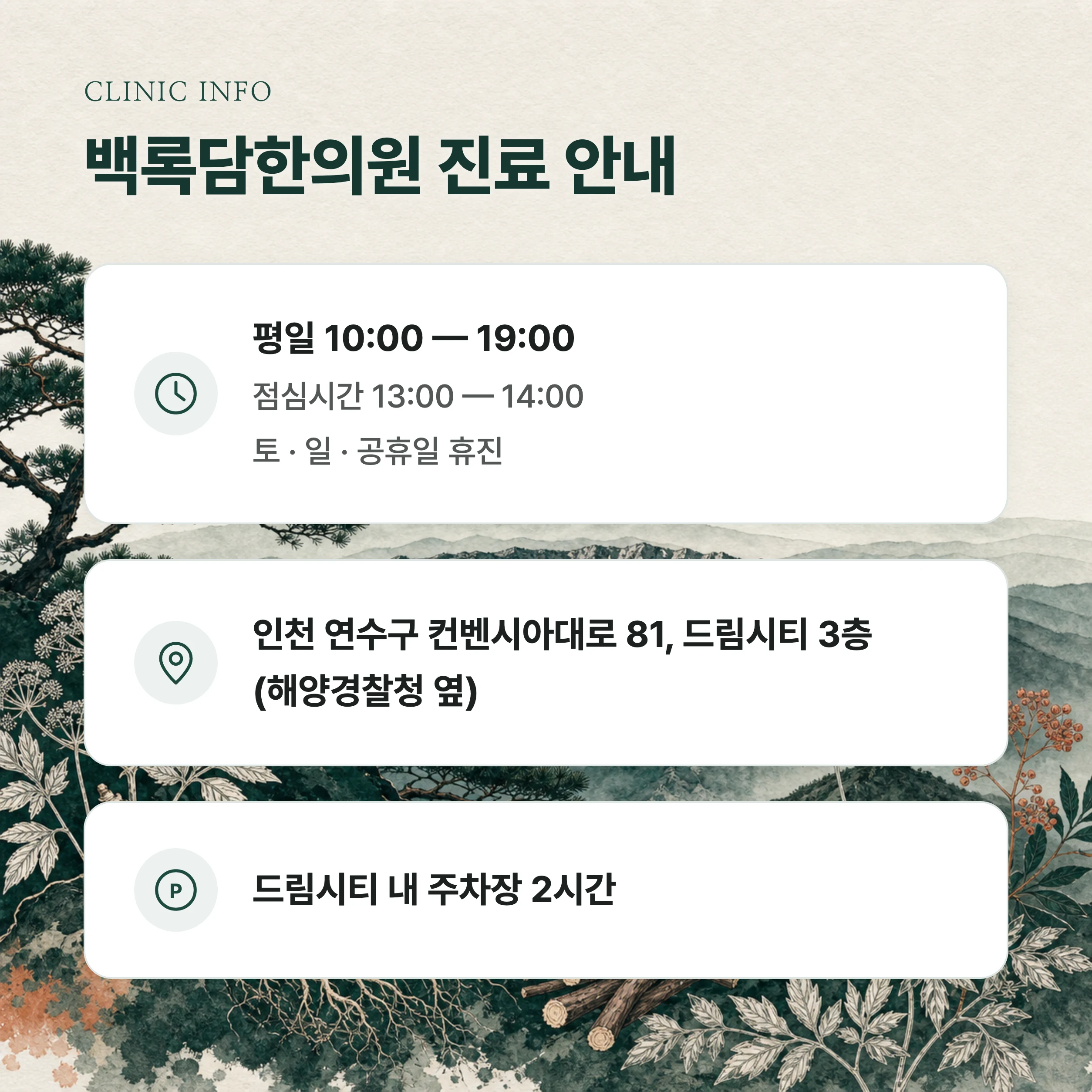 저희가 자세 불균형을 보는 태도 — 백록담한의원 진료시간·오시는 길·주차 안내를 담은 브랜드 일러스트 정보 카드 — 한라산·백록담 모티프의 에디토리얼 아트웍 위에 진료 정보를 정리한 컷