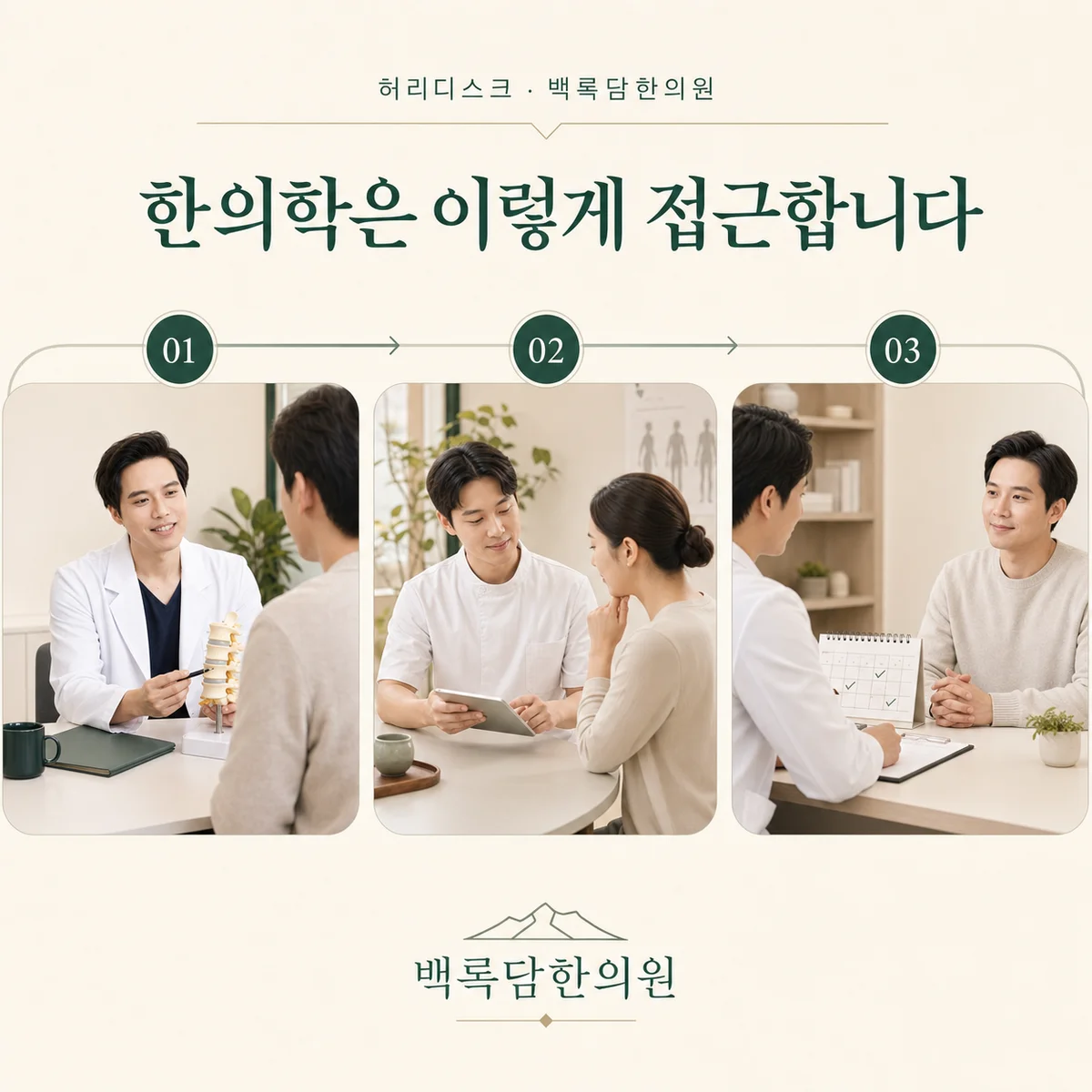 신경을 누르는 압력을 줄이는 것과, 허리를 지탱하는 힘을 키우는 것은 다른 문제입니다 — 한의학적 접근 단계(진단과 변증 → 몸 조건 개선 → 재발 관리)를 3단계 프로세스 다이어그램으로 표현