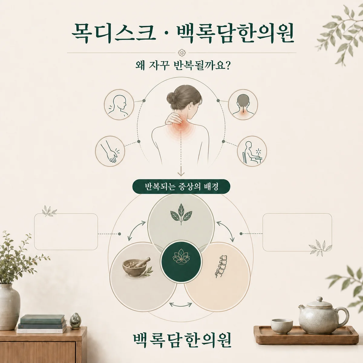 왜 목보다 팔이 먼저 저릴까요? — 겉 증상과 몸속 조건(체질/불균형)을 연결하는 한의학적 개념도 — 관계도/다이어그램 톤