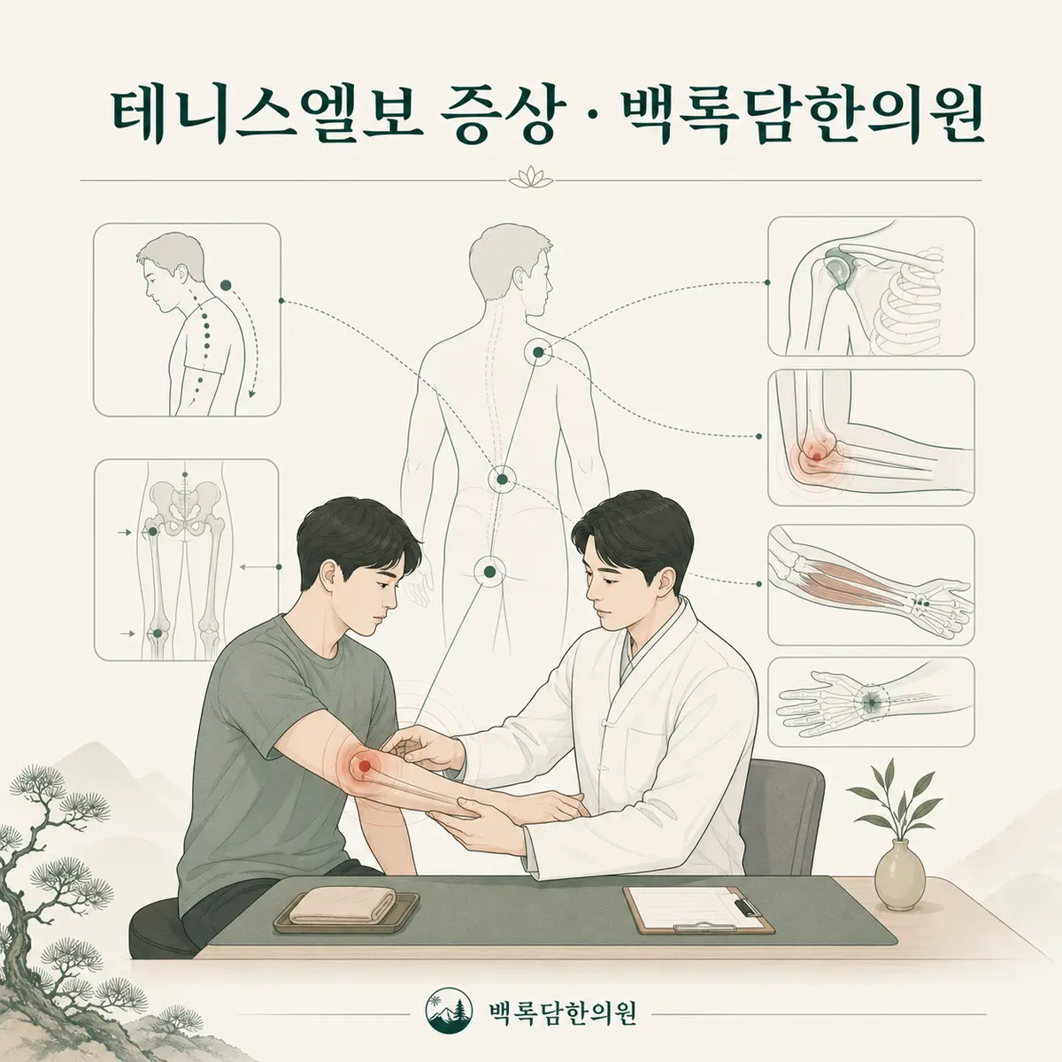 저희가 임상에서 보는 테니스엘보, 단순 염증이 아닌 '구조의 문제'입니다 — 섹션 주제를 상징하는 에디토리얼 일러스트 카드