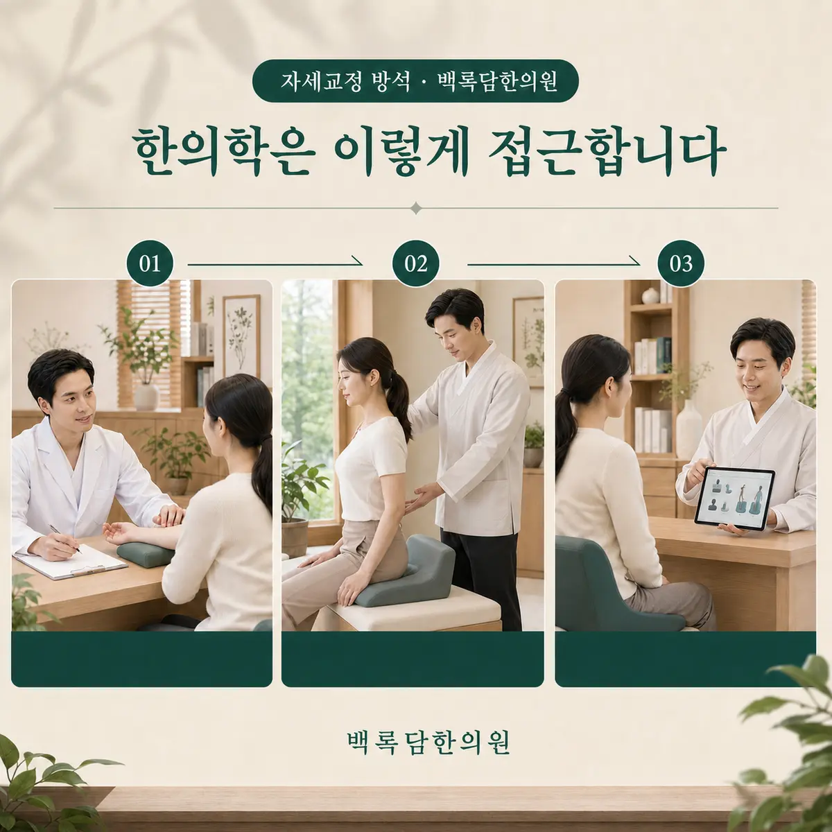 치료 목표의 재구성 — 한의학적 접근 단계(진단과 변증 → 몸 조건 개선 → 재발 관리)를 3단계 프로세스 다이어그램으로 표현