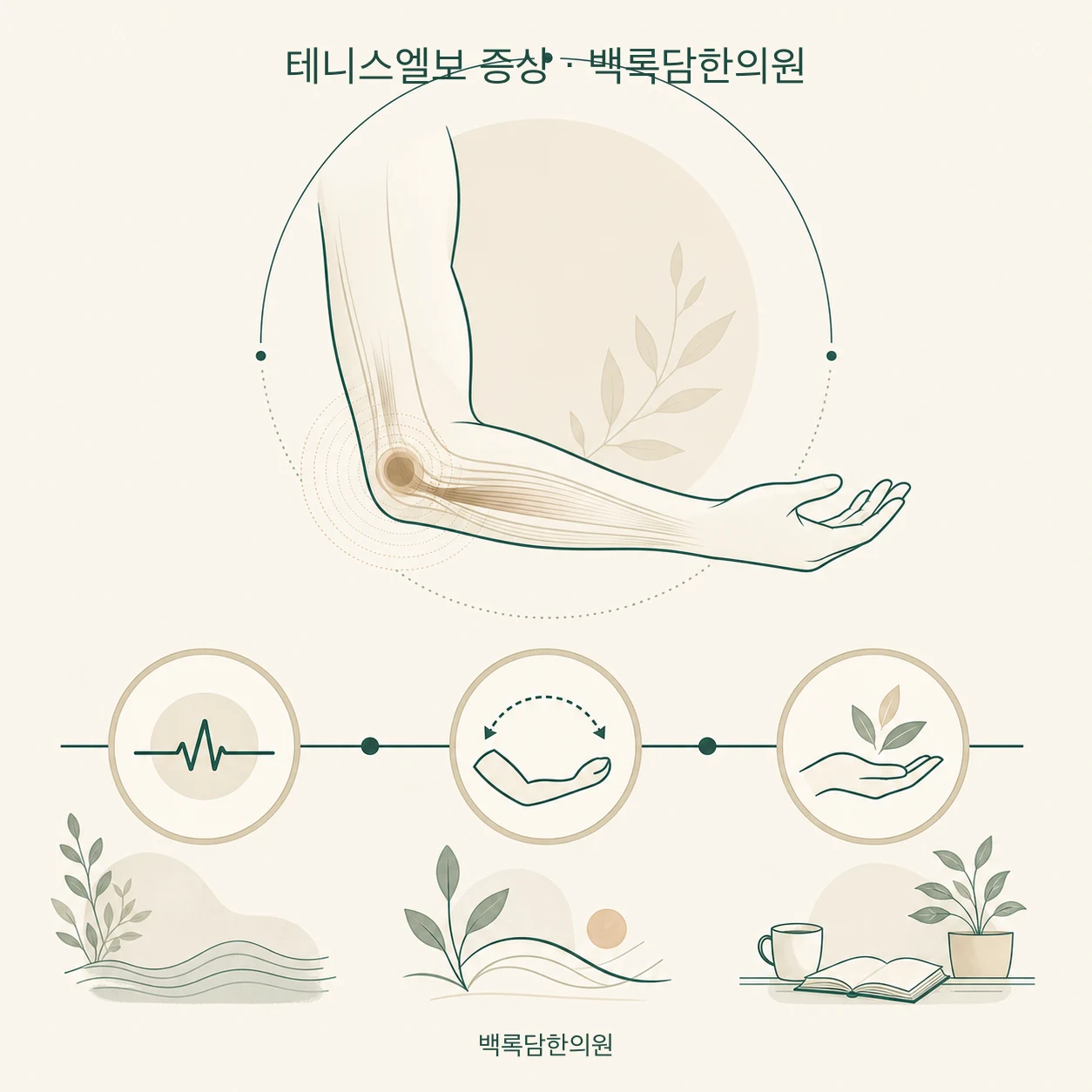 통증 완화부터 기능 회복까지, 예상되는 회복 시간표 — 섹션 주제를 상징하는 에디토리얼 일러스트 카드