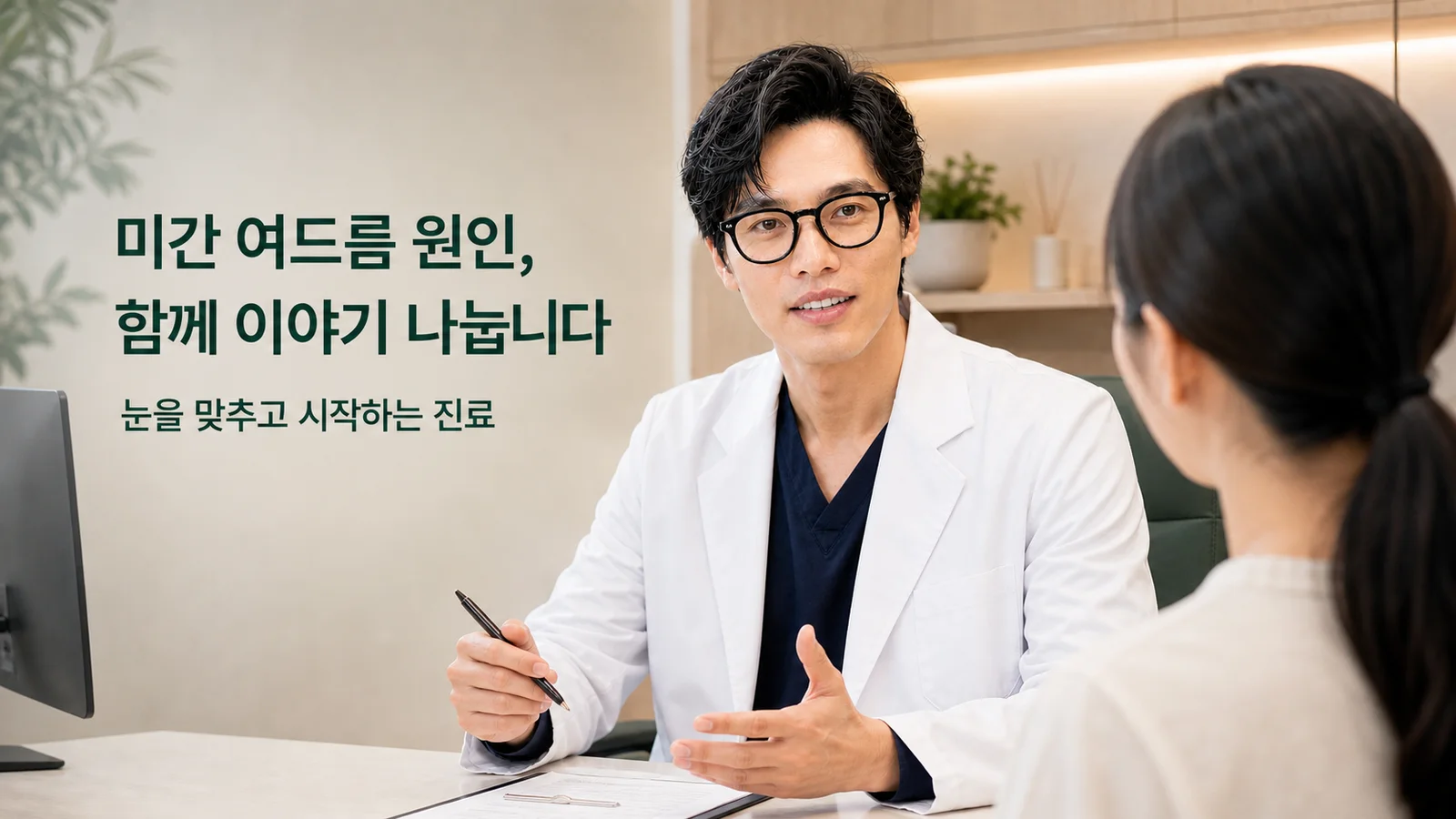 반복되는 미간의 신호, 이제는 내 몸의 뿌리를 살펴야 할 때입니다 — 원장이 진료실에서 환자와 상담하는 장면
