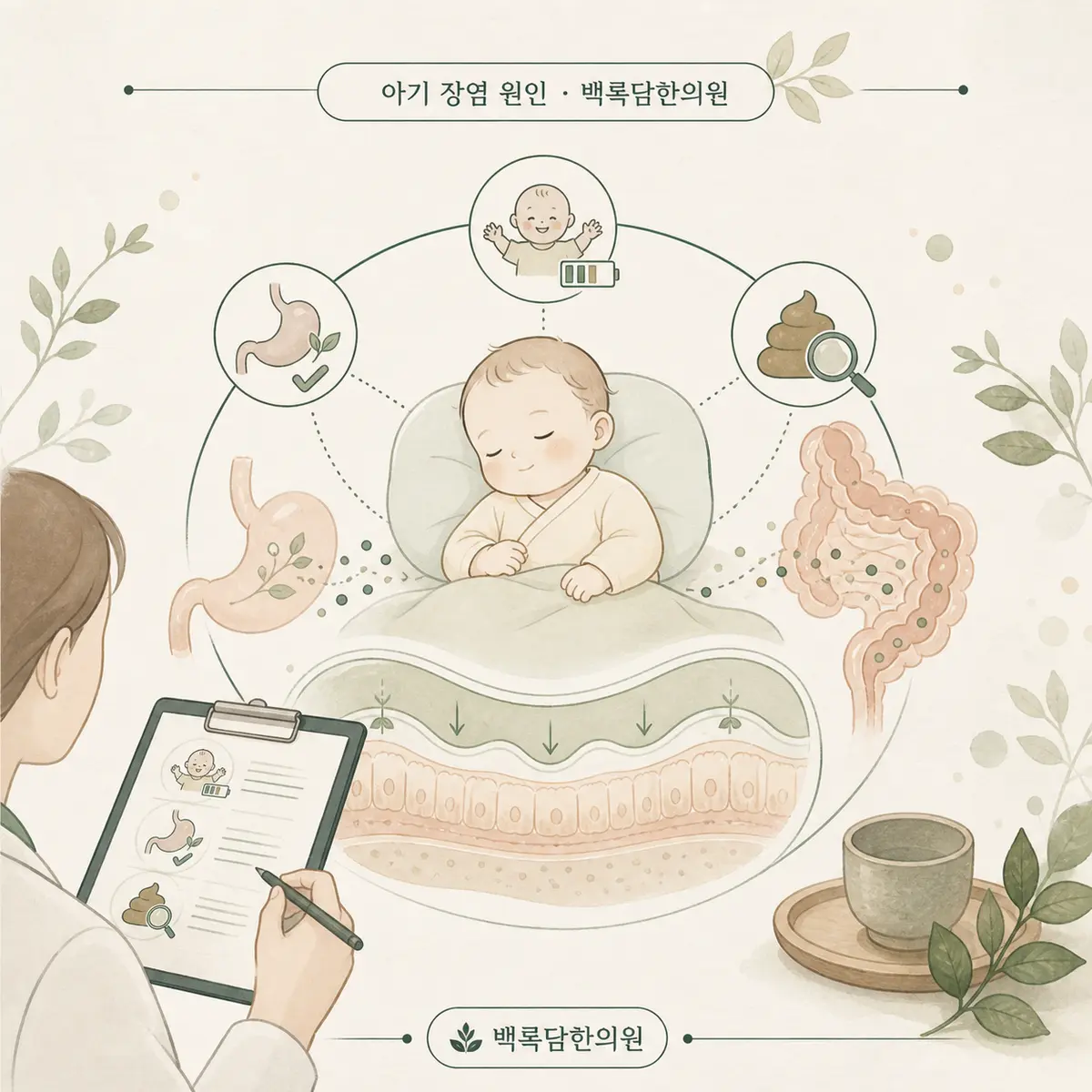 저희가 임상에서 보는 아기 장염, 단순한 '염증' 이상의 소화기 불균형입니다 — 섹션 주제를 상징하는 에디토리얼 일러스트 카드