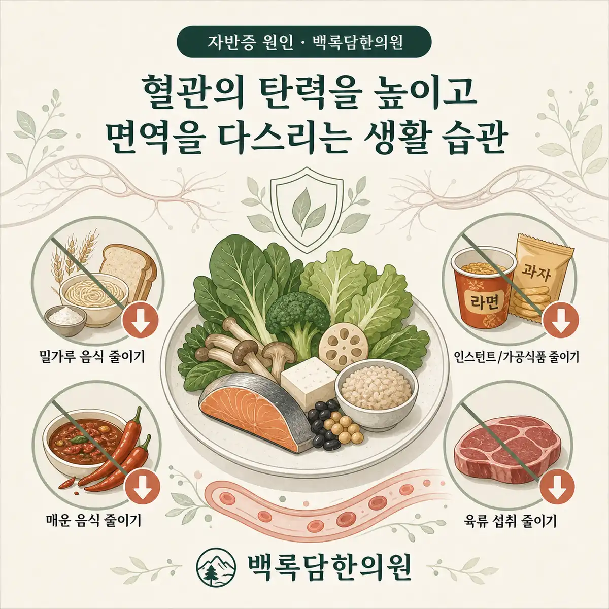 혈관의 탄력을 높이고 면역을 다스리는 생활 습관 — 섹션 주제를 상징하는 에디토리얼 일러스트 카드
