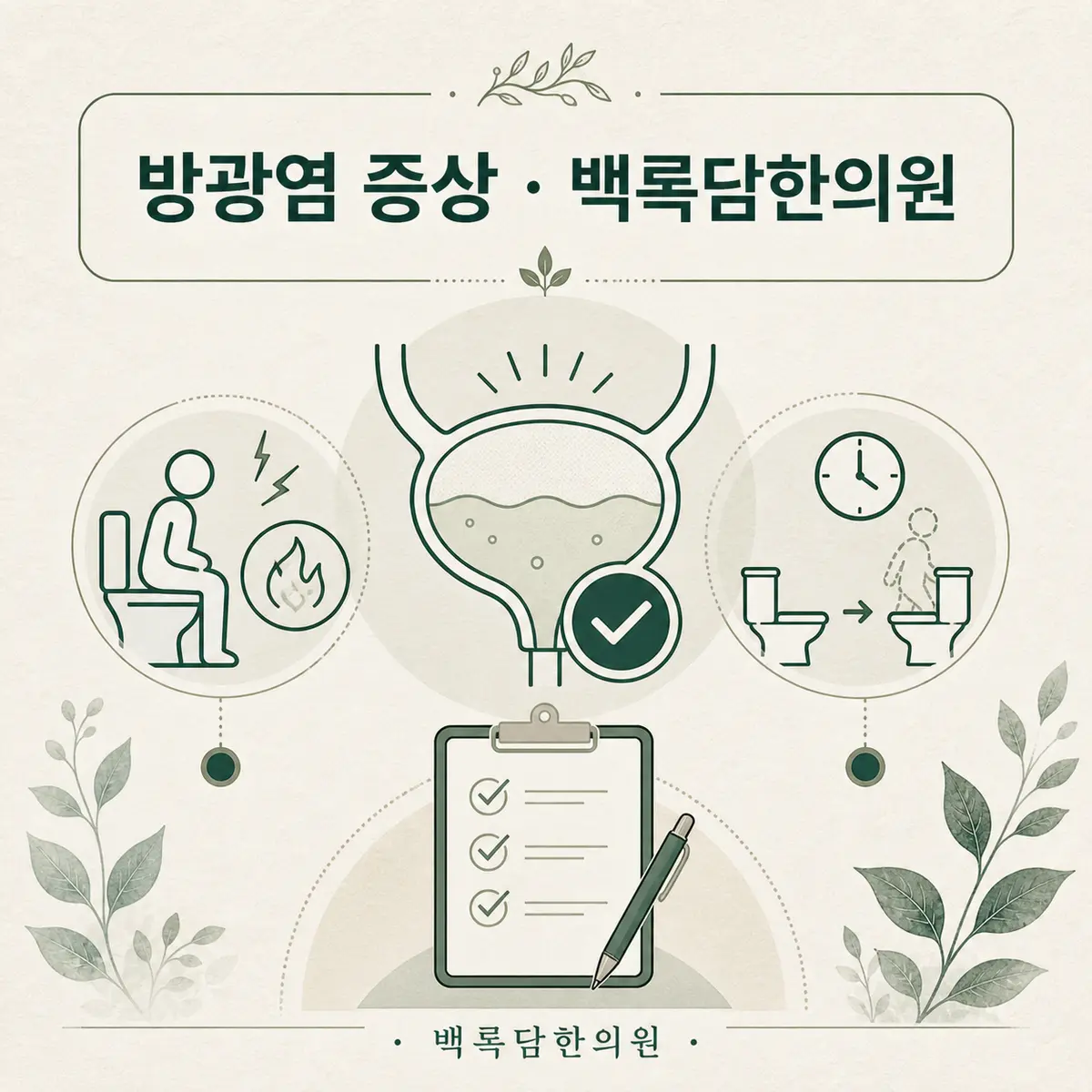 지금 느끼는 그 불편함, 방광염의 전형적인 신호일까요? — 섹션 주제를 상징하는 에디토리얼 일러스트 카드