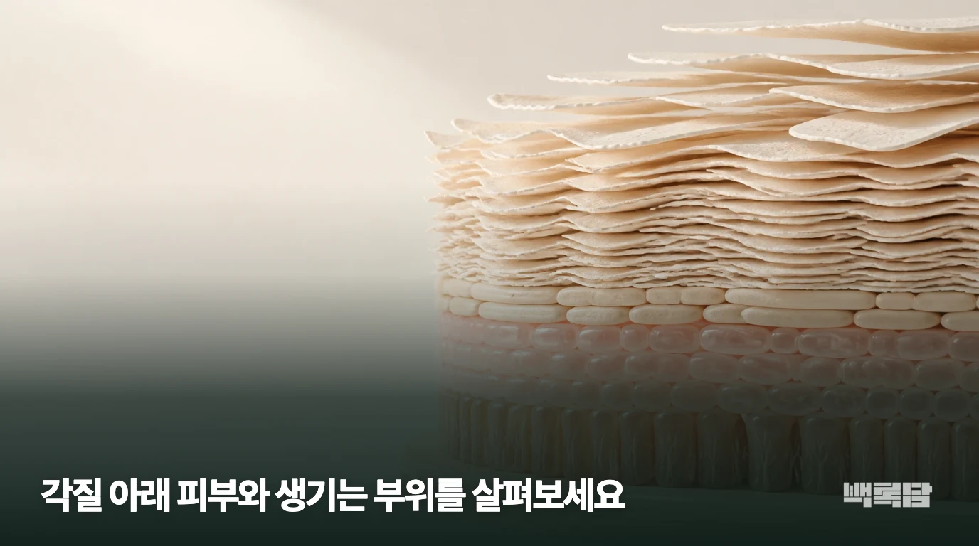 각질 아래 피부와 생기는 부위를 살펴보세요