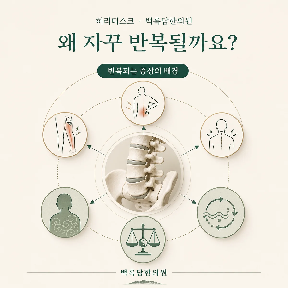 왜 허리보다 다리가 더 아플까요? — 겉 증상과 몸속 조건(체질/불균형)을 연결하는 한의학적 개념도 — 관계도/다이어그램 톤